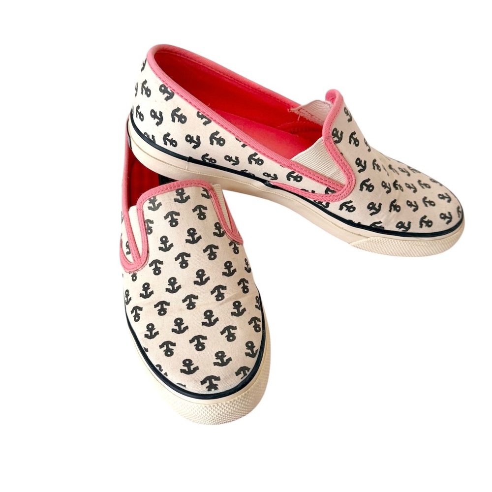 RARE Sperry Topsider White and Blue Anchor Slip On Shoes with Pink trim size 8.5